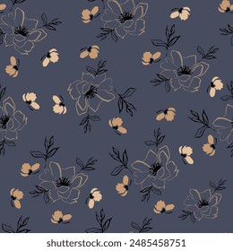 Silhouettes of blooming anemone, peony, gypsophila flowers in vintage style. Elegant seamless botanical pattern made of spring flowers. Nature for textile, fabric, wallpaper, surface design.