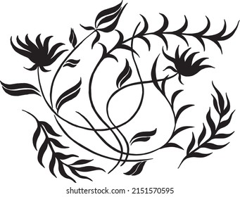 Silhouettes of blooming black flowers. Elegant botanical pattern made of spring flowers. Hand drawn fabric, gift wrap, wall design. Nature ornament for design. Tattoo design.