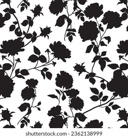 Silhouettes of blooming flowers pattern in vintage style. Elegant seamless botanical pattern made of spring flowers. Nature ornament for textile, fabric, wallpaper, surface design.