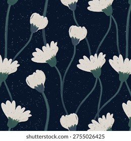Silhouettes of blooming flowers pattern in vintage style. Elegant seamless botanical pattern made of spring flowers. Nature ornament for textile, fabric, wallpaper, surface design.