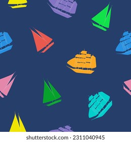 Silhouettes of blue, red, yellow, green, purple, orange, pink sailing yachts and ships on a dark blue background. Seamless pattern. Children's prints on marine-themed fabric. Vector illustration.