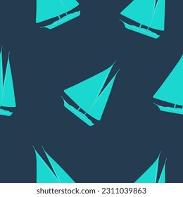 Silhouettes of blue sailing yachts on a dark blue background. Seamless pattern. Sport. Print on fabric, packaging, label with a marine theme. Vector illustration.