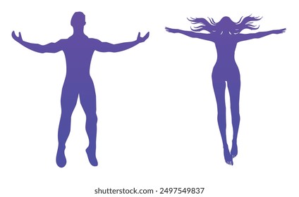 Silhouettes of bodies with outstretched arms. The bodies of a man and a woman floating in the air