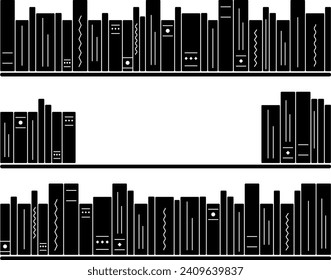 Silhouettes of Books on Shelves. Bookstore, home library. Literature spines, textbooks, encyclopedias. Place for text. Interior sticker. Reading, learning. Black and white image. Vector illustration