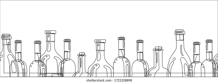 The silhouettes of the bottles of alcohol on a white background. Long banner for website design, menu, and wine list. Vector drawing.