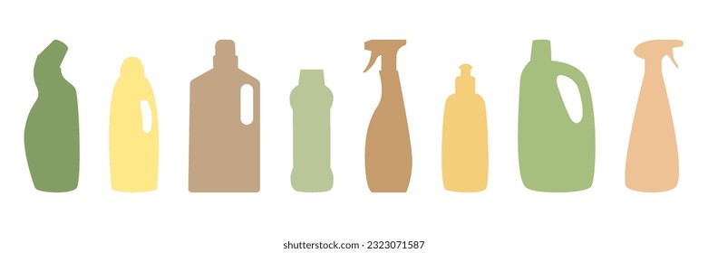 Silhouettes of bottles and sprays for cleaning in natural colors. Eco friendly natural products for the household cleaner. Set of organic detergents
