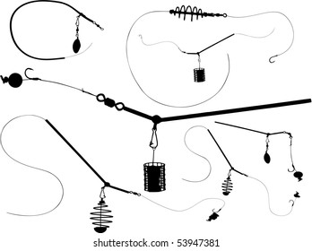Silhouettes of bound feeder systems for fishing with needful things for a good and successful fishing. See similar vector images in my portfolio.