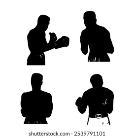 silhuetas de boxeadores marcando poses de luta clássicas, mostrando força e prontidão. Perfeito para conceitos de esportes, artes marciais e fitness.