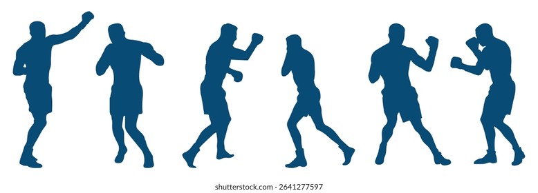 silhouettes of boxing player is isolated on a white background . set of silhouette of boxer in dynamic pose . 