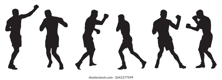 silhouettes of boxing player is isolated on a white background . set of silhouette of boxer in dynamic pose . 