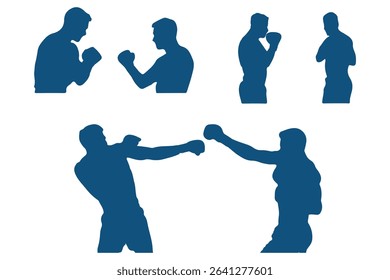 silhouettes of boxing player is isolated on a white background . set of silhouette of boxer in dynamic pose . 