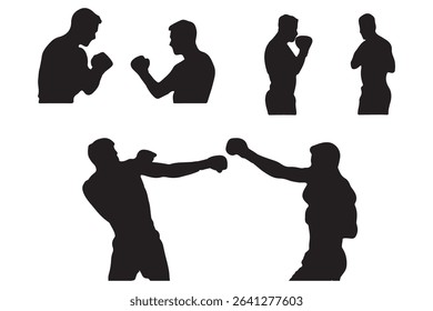 silhouettes of boxing player is isolated on a white background . set of silhouette of boxer in dynamic pose . 