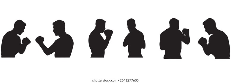 silhouettes of boxing player is isolated on a white background . set of silhouette of boxer in dynamic pose . 