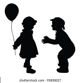 Silhouettes of boy in cowboy hat and girl with baloon. Retro style. Vector eps8