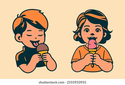 Silhouettes of a boy and a girl eating ice cream in a waffle cone. Flat simple illustration. Vector