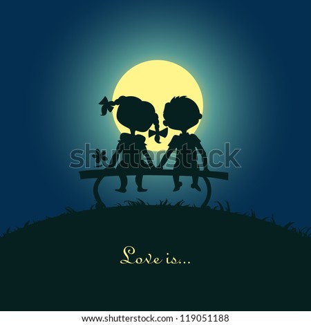 Silhouettes of a boy and a girl sitting in the moonlight on a bench. Design for card.