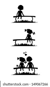 Silhouettes of a boy and a girl sitting on a bench. Love story comics.