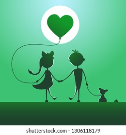 Silhouettes of a boy and a girl walking in the moonlight.