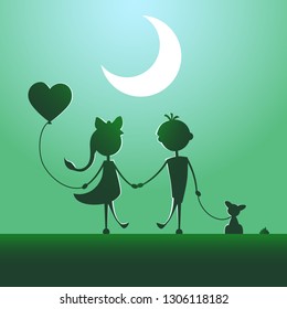 Silhouettes of a boy and a girl walking in the moonlight.
