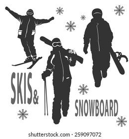 Silhouettes of boy and girls that are skying. Vector silhouettes