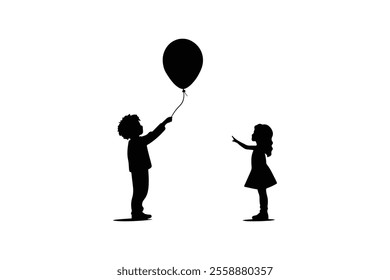 Silhouettes of boys and girls playing with balloons