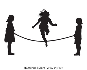 Silhouettes of boys and girls playing jump rope