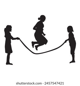 Silhouettes of boys and girls playing jump rope