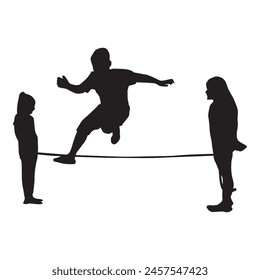 Silhouettes of boys and girls playing jump rope