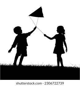 Silhouettes of boys and girls playing kites together

