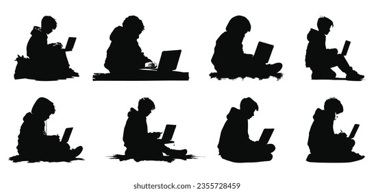 Silhouettes of boys using laptops, digital illustration