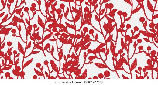 Silhouettes of branches with berries, cozy texture ornament. Vector seamless pattern