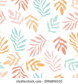 Silhouettes of branches and leaves. Abstract seamless floral pattern in pastel colors. Vector hand drawn illustration in simple doodle cartoon style.