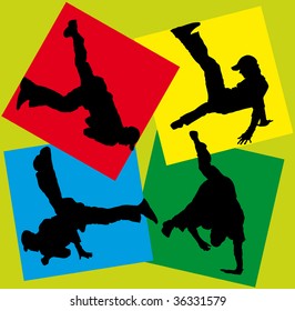 Silhouettes of break-dancers on color squares