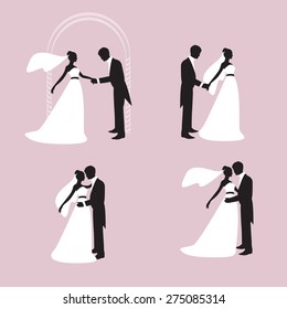 Silhouettes of the bride and bridegroom. The groom holds the hand of the bride. Bride and groom embracing and kissing. Vector