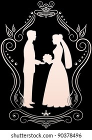 Silhouettes of the bride and groom in a frame on a dark background