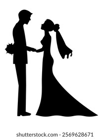 Silhouettes of bride and groom on white background. Symbol wedding for card, web banner etc. Vector illustration EPS 10.