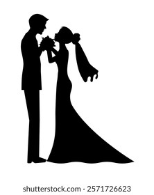 Silhouettes of bride and groom on white background. Symbol wedding for card, web banner etc. Vector illustration EPS 10.