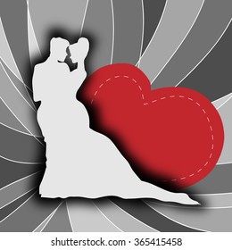 silhouettes of the bride and groom and red heart at a wedding ceremony on a gray background