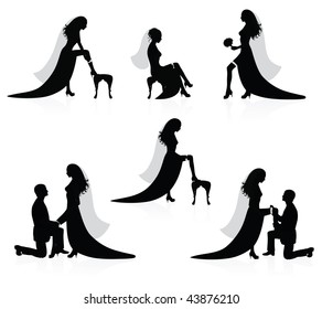 Silhouettes of a bride showing a leg with a garter on it and silhouettes of a groom  putting a garter on a bride's leg.