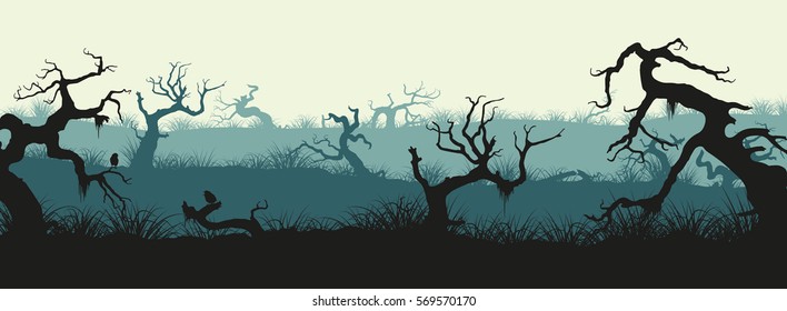 Silhouettes of broken trees and marsh grass. Swamp panorama. Horizontal image of old forest. Vector illustration