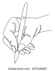Silhouettes of a brush with a pen in a modern one line style. The man writes. Continuous line drawing, aesthetic outline for home decor, posters, wall art, stickers, logo. Vector illustration.