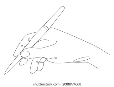 Silhouettes of a brush with a pen in a modern one line style. The man writes. Continuous line drawing, aesthetic outline for home decor, posters, wall art, stickers, logo. Vector illustration.