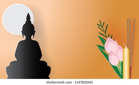 Silhouettes of buddha statue and lotus,candle,incense with full moon,vector illustration.