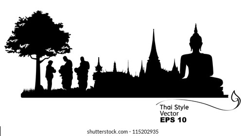 Silhouettes of buddhist monk and people praying