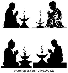 Silhouettes of Buddhist monks praying seated in front of a fragrant lamp. Vector set of monochrome icons on the theme of culture and religion