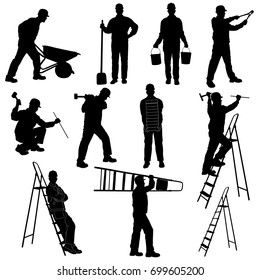 Silhouettes of builder in costume and helmet isolated on white background. Profile of man working with instruments and tools: ladder, pliers, bucket, bricks, burrow, hammer.
