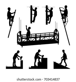 Silhouettes of builders. Brickwork. Mason bricklayer. High-altitude work. A molar, an electrician. Vector illustration.