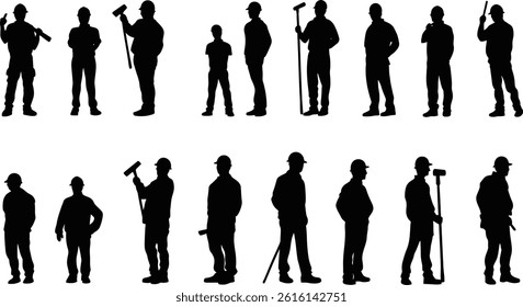 Silhouettes of builders and workers holding different tools such as hammers and rollers, showcasing diverse activities in construction settings during daylight.