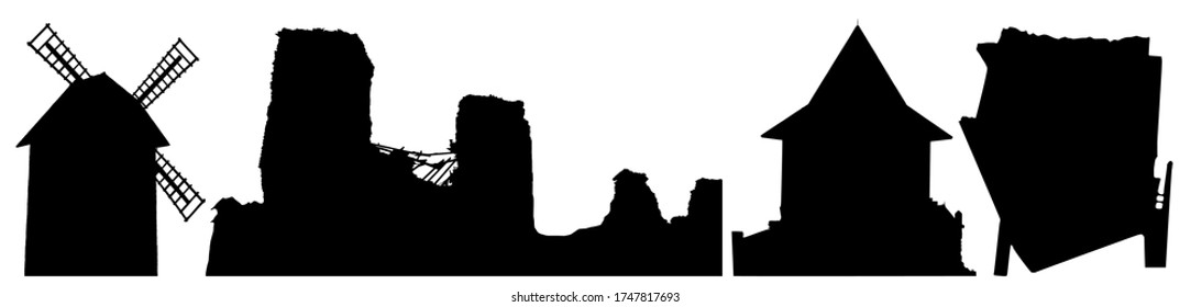 Silhouettes of building of Belarus (windmill, ruins, castle, upside down house). Vector illustration 