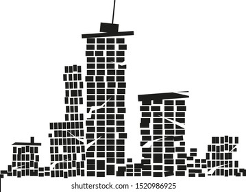 silhouettes of buildings destroyed by earthquake.